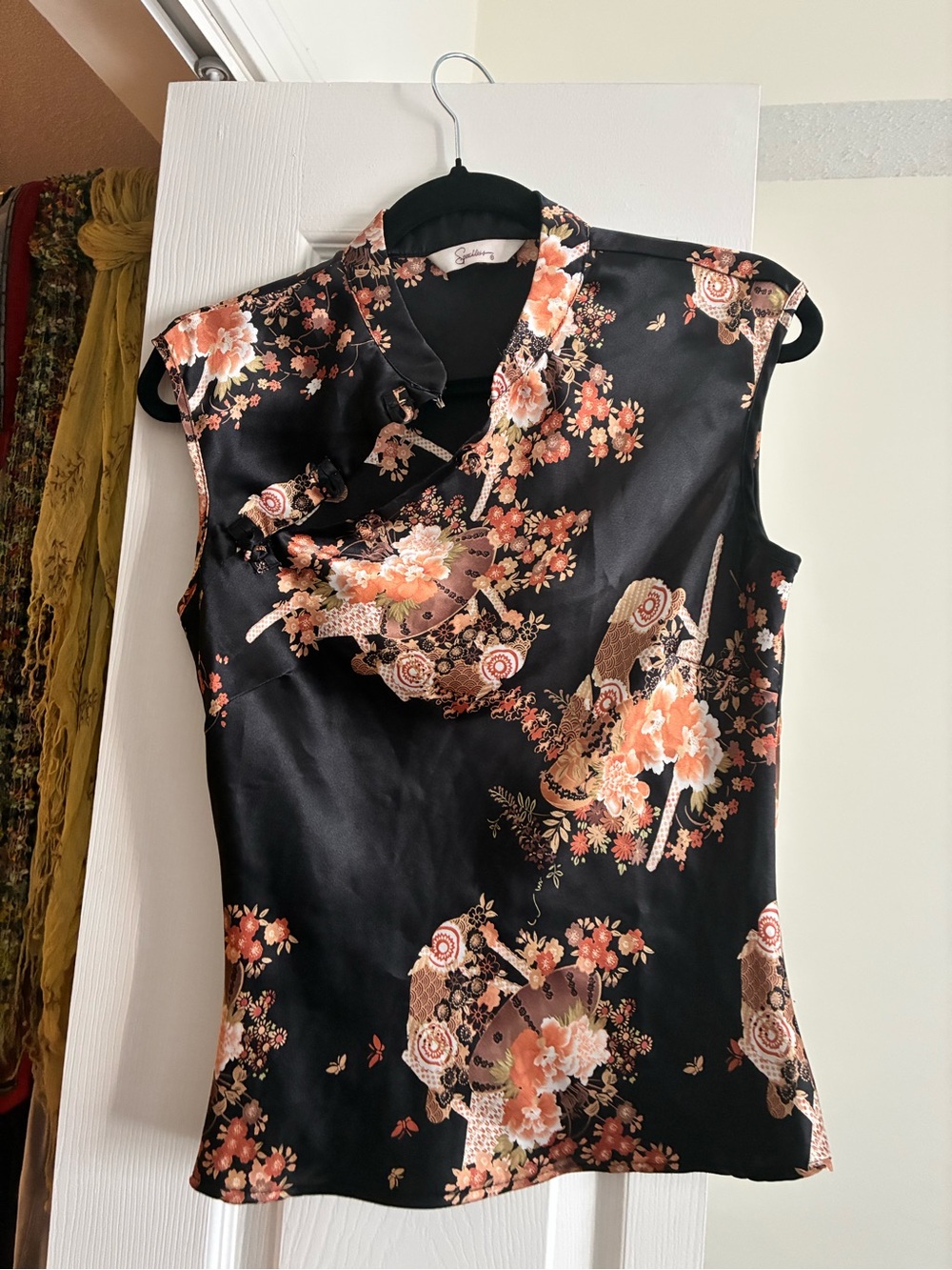Speechless Black Satin Floral Sleeveless Top with Peach Blooms